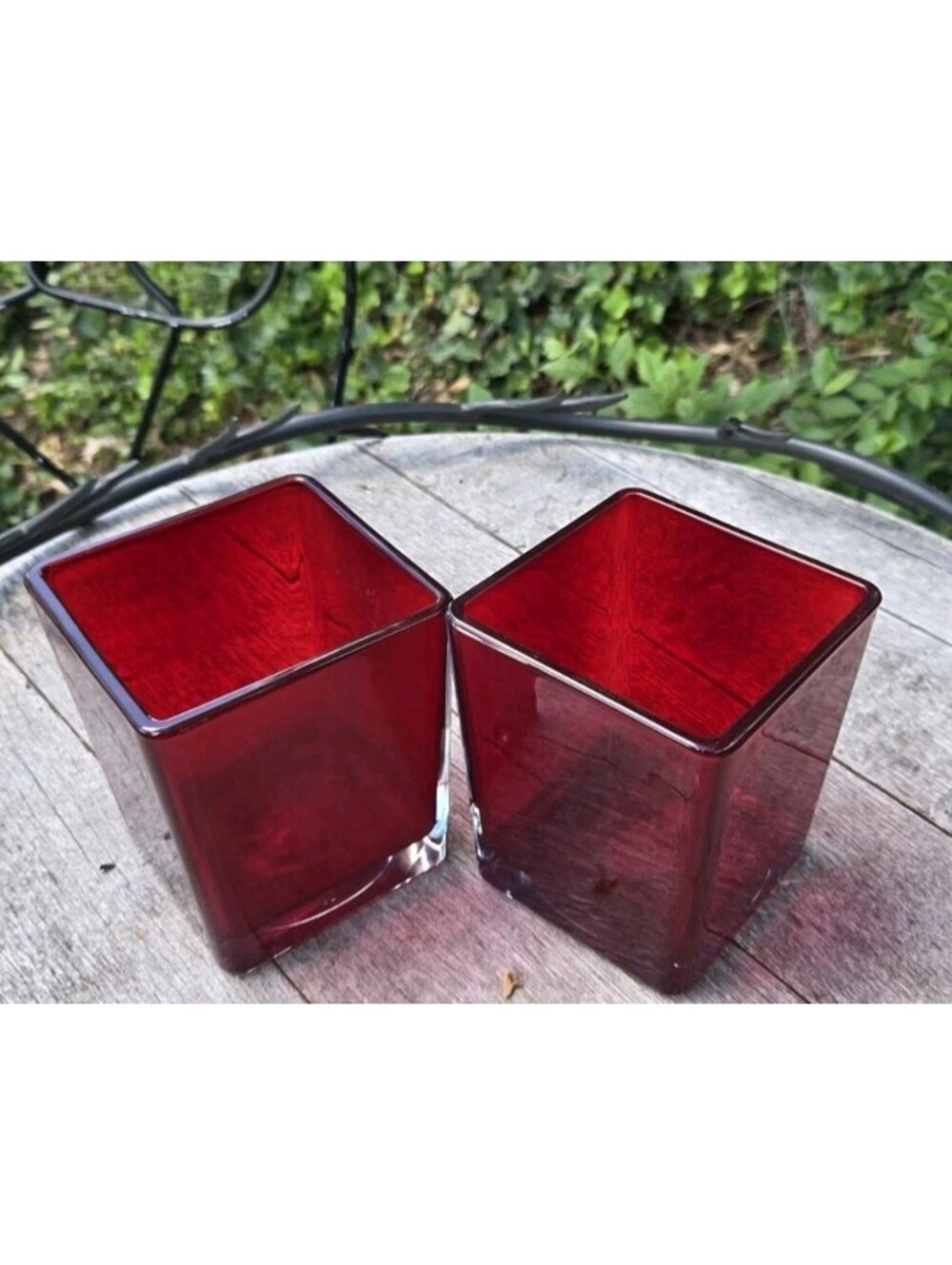2 Red Glass Teleflora Vases, Candle Holders, Planters, Candy Dishes. 4.75"x4"